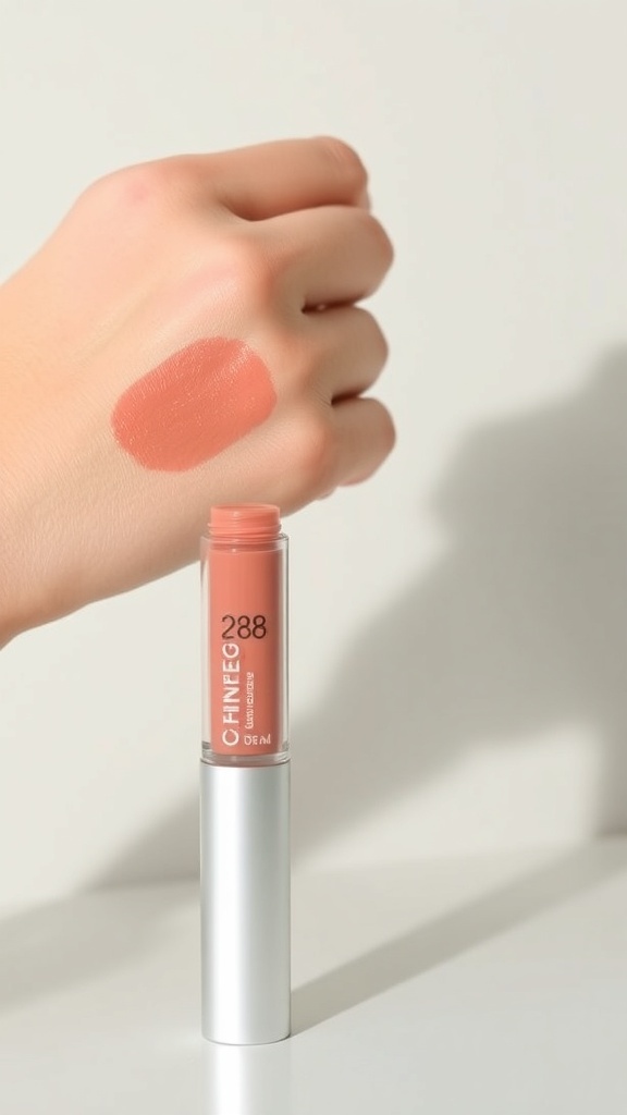 Tower 28 Beauty ShineOn Lip Jelly in Oat Tower 28 ShineOn Lip Jelly in Oat with a swatch on hand, showcasing its glossy finish.